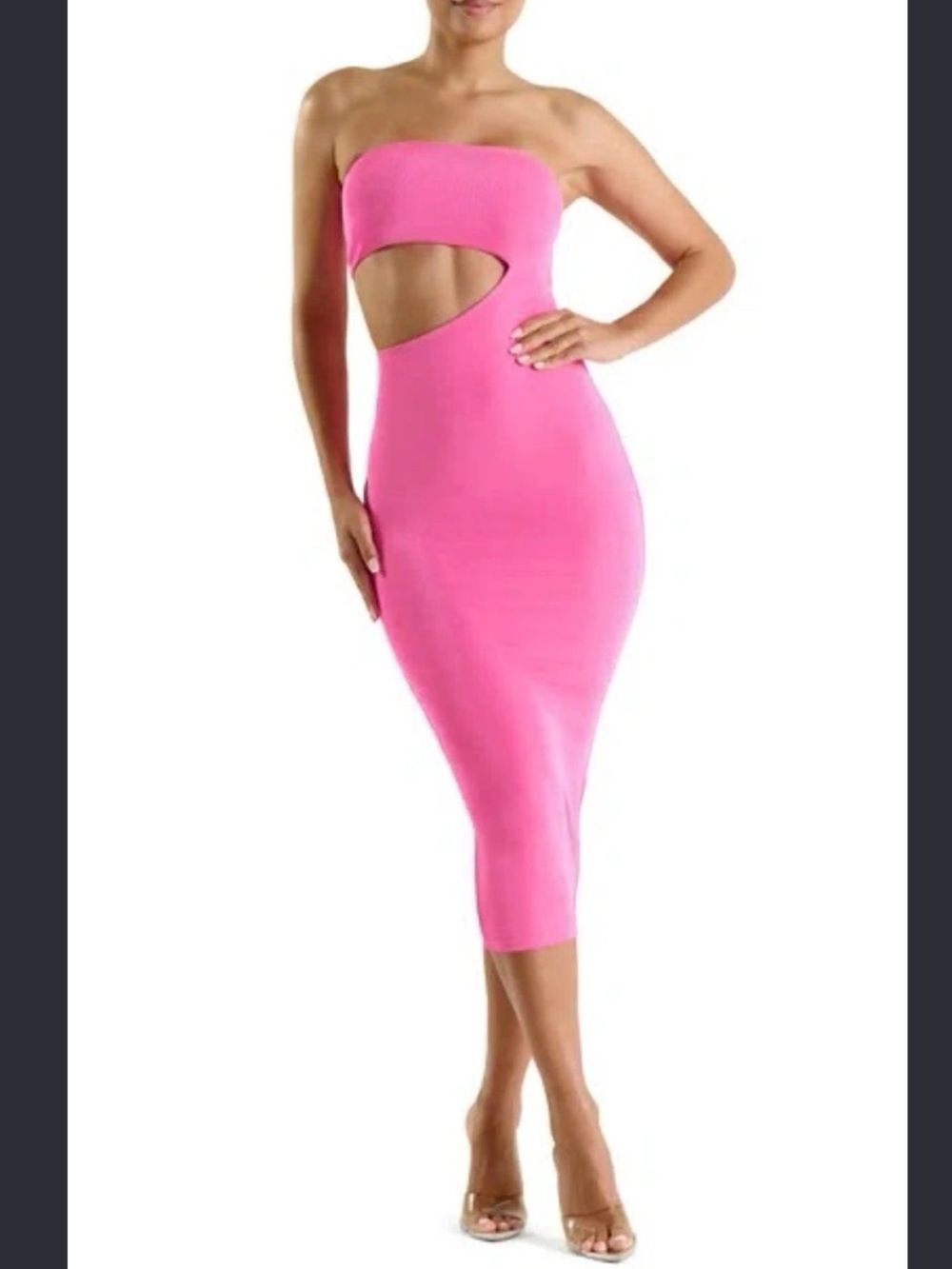 Naked Wardrobe Hot Pink Strapless Cutout Bodycon Midi Dress NWOT